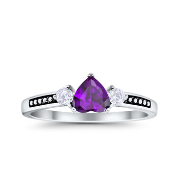 Heart Promise Ring Simulated Amethyst CZ Black Accent 925 Sterling Silver